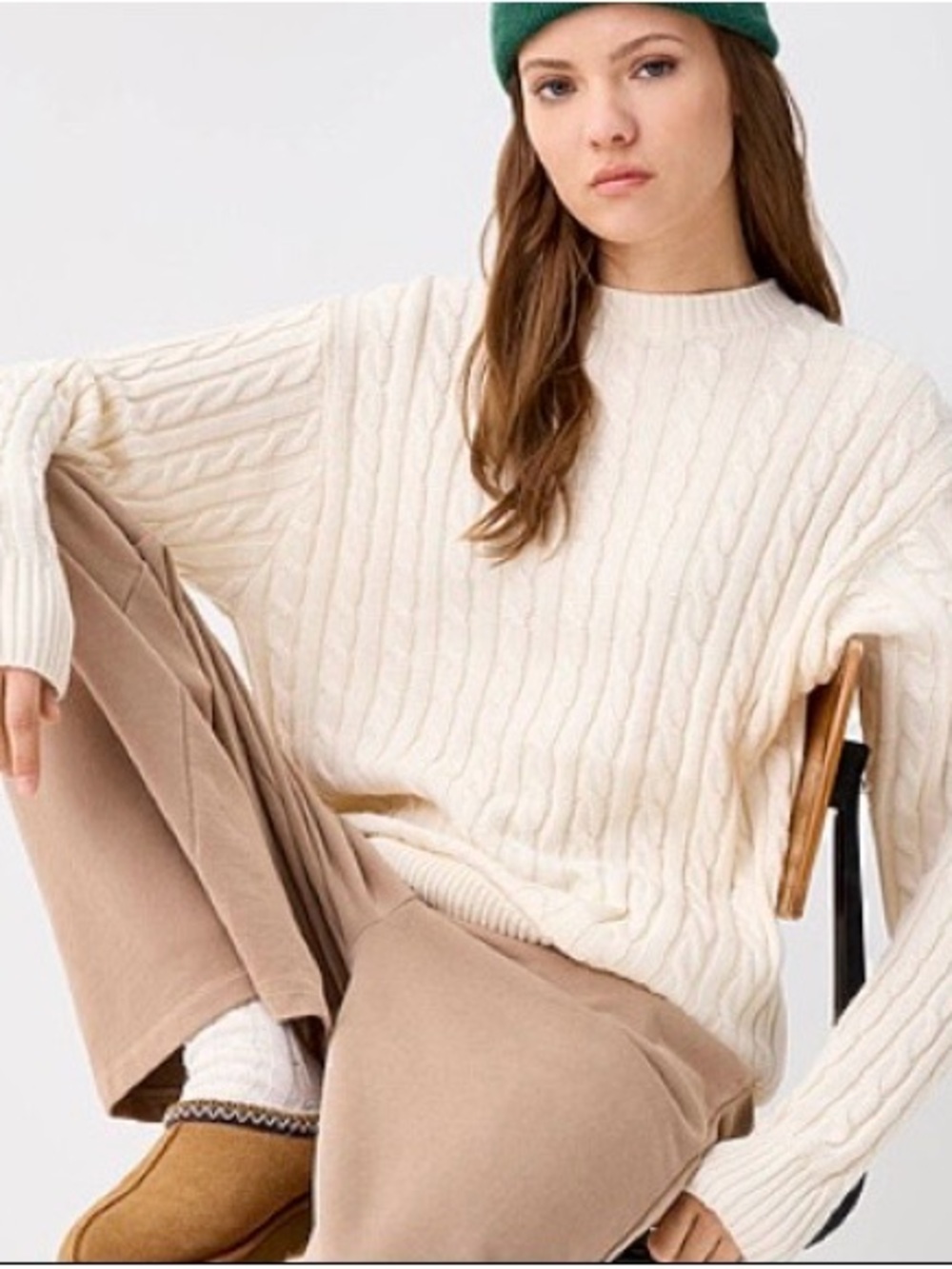 twik Cream Cable Knit Crewneck Sweater